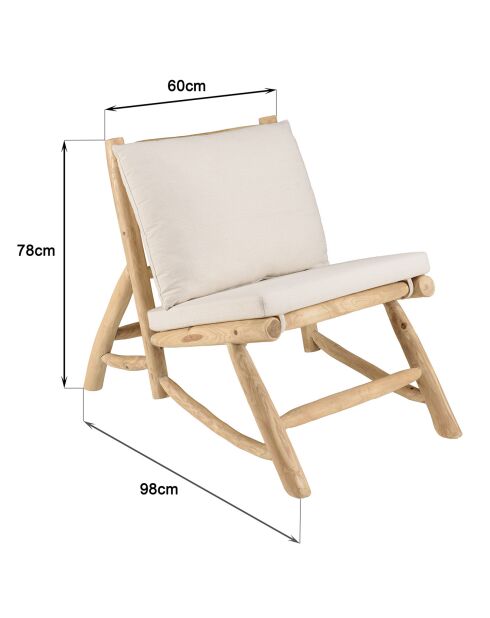 Fauteuil lounge en branches de teck coussin will naturel - 60x98x78 cm