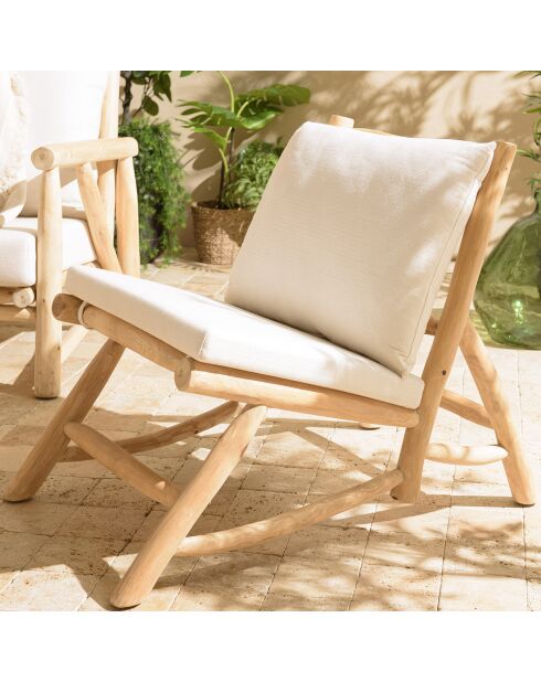 Fauteuil lounge en branches de teck coussin will naturel - 60x98x78 cm