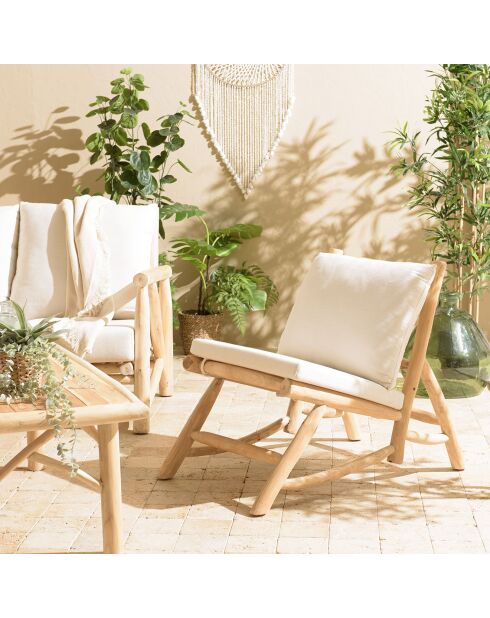 Fauteuil lounge en branches de teck coussin will naturel - 60x98x78 cm