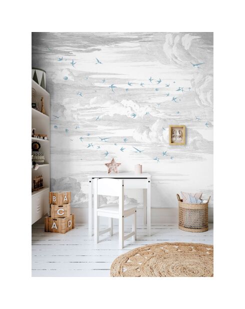 Fresque Envolée Bleu Perle Fond Grisaille - 150x305 cm