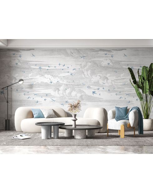 Fresque Envolée Bleu Perle Fond Grisaille - 150x305 cm