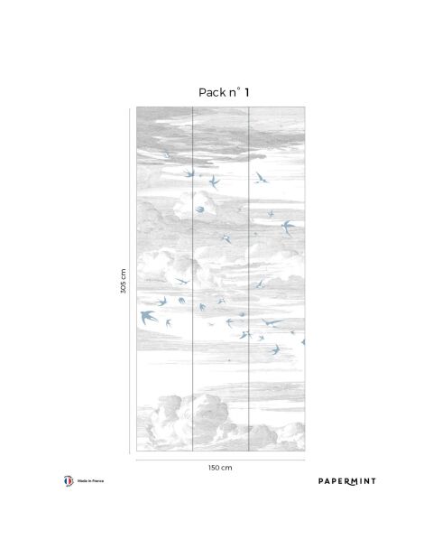 Fresque Envolée Bleu Perle Fond Grisaille - 150x305 cm