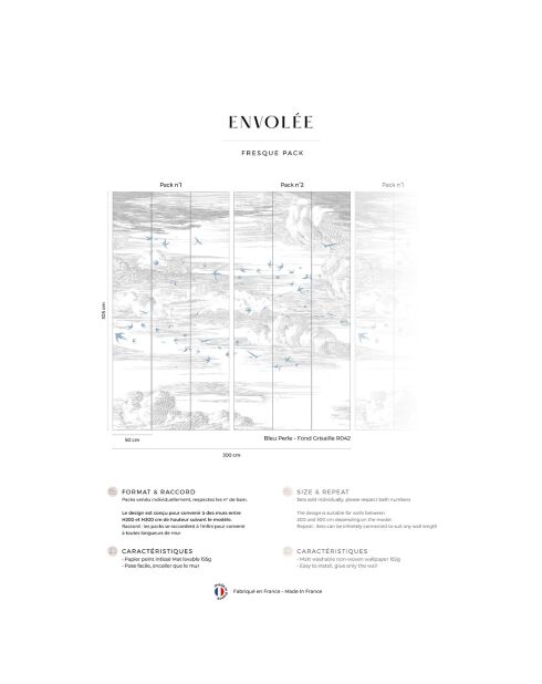 Fresque Envolée Bleu Perle Fond Grisaille - 150x305 cm