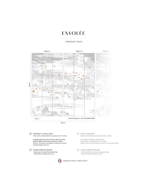 Fresque Envolée Terre de Sienne Fond Grisaille - 150x305 cm