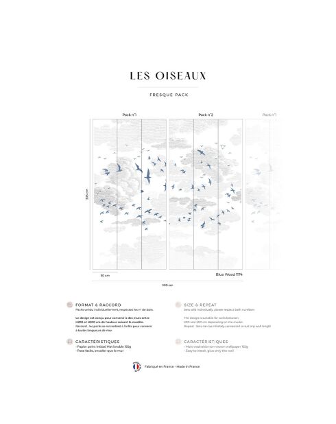 Fresque Les Oiseaux Blue Woad - 150x305 cm