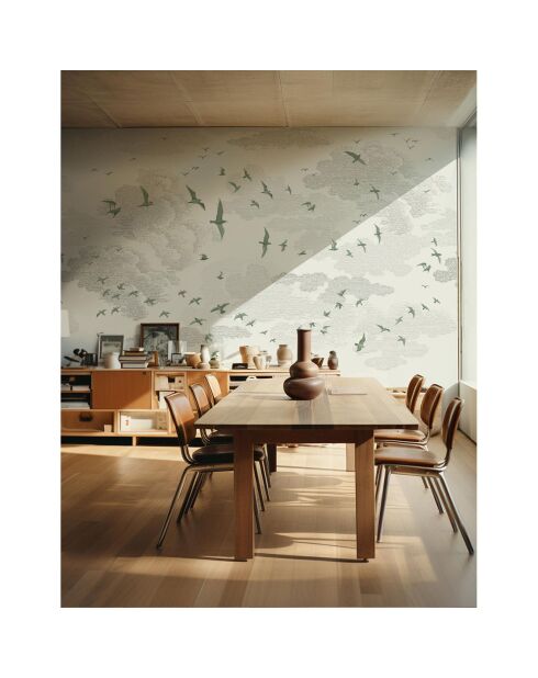 Fresque Les Oiseaux vert de gris - 150x305 cm