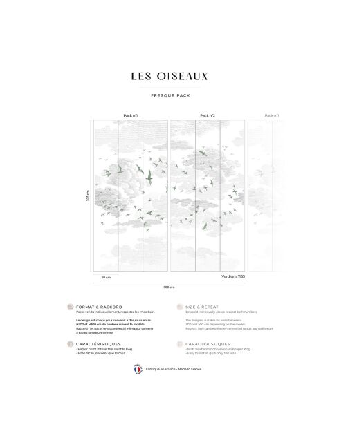 Fresque Les Oiseaux vert de gris - 150x305 cm