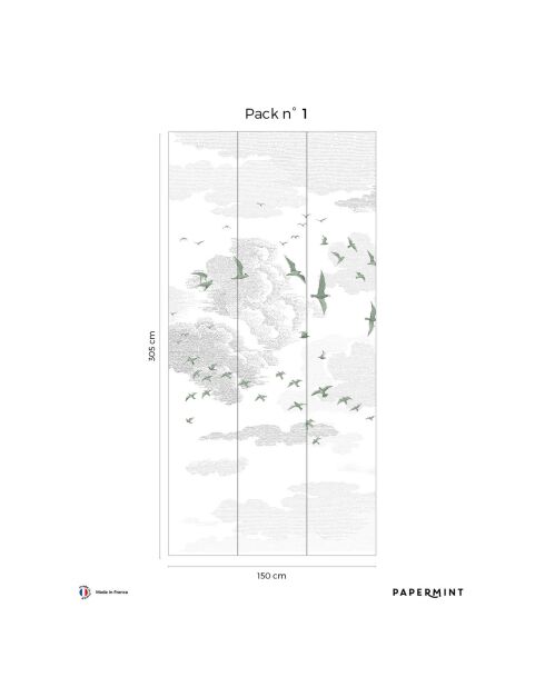 Fresque Les Oiseaux vert de gris - 150x305 cm