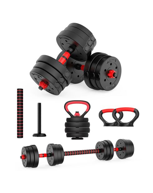 Haltère de musculation synerfit 2en1 reglable avec barre d'extension 20kg noir/rouge - 57x22x15 cm