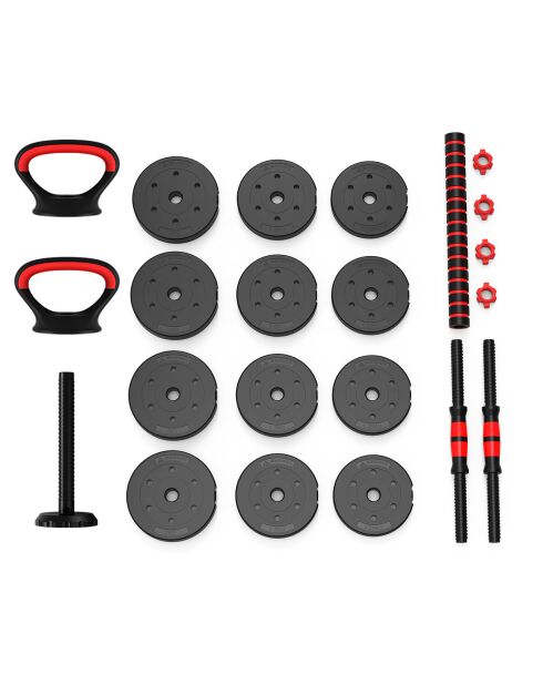 Haltère de musculation synerfit 2en1 reglable avec barre d'extension 20kg noir/rouge - 57x22x15 cm
