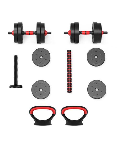 Haltère de musculation synerfit 2en1 reglable avec barre d'extension 20kg noir/rouge - 57x22x15 cm