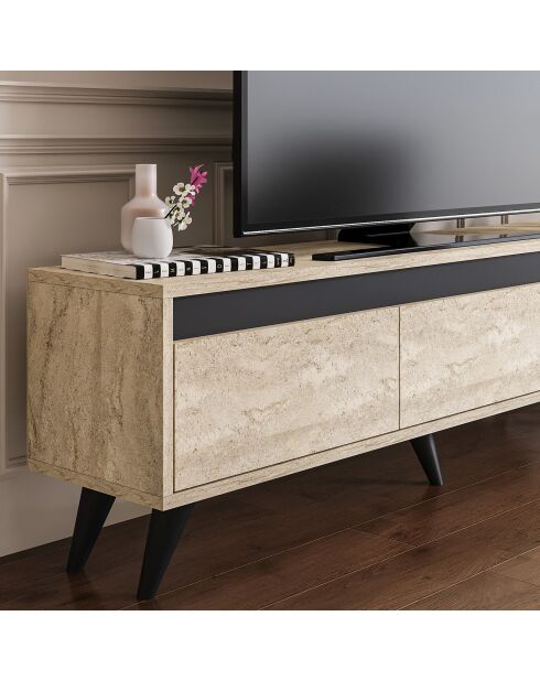 Meuble TV Century travertin/anthracite - 150x29.6x45 cm