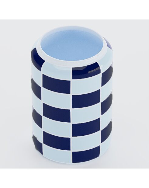 Vase cylindrique à damier céramique Macao bleu  - 13x13x19.4 cm