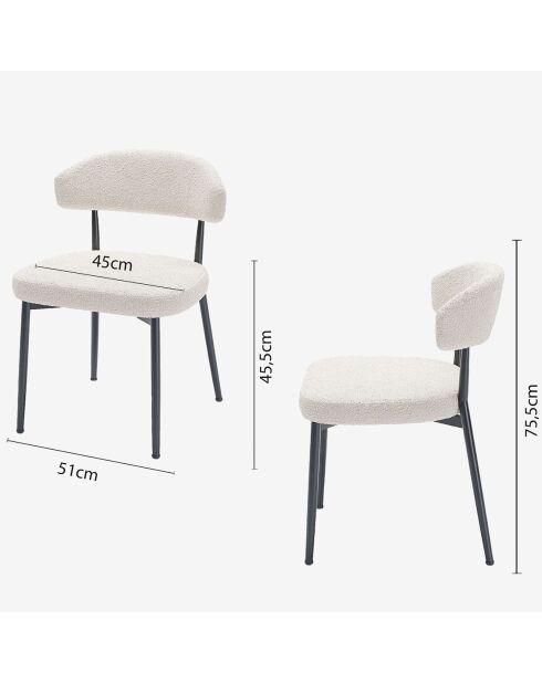 2 Chaises de salle à manger bouclette & métal mona blanches - 52.5x51x75.5 cm