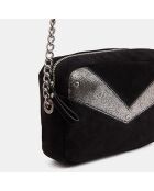 Sac bandoulière en Velours de Cuir New Tristan Trotteur noir/argenté - 14.5x21x6.5 cm