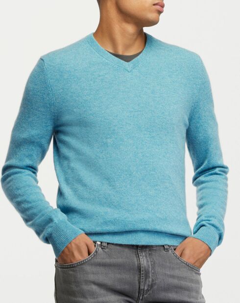 Pull 100% Cachemire col V Uni Nachve bleu