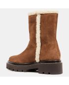 Boots en Velours de Cuir fourrée camel - Talon 5 cm