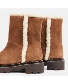 Boots en Velours de Cuir fourrée camel - Talon 5 cm