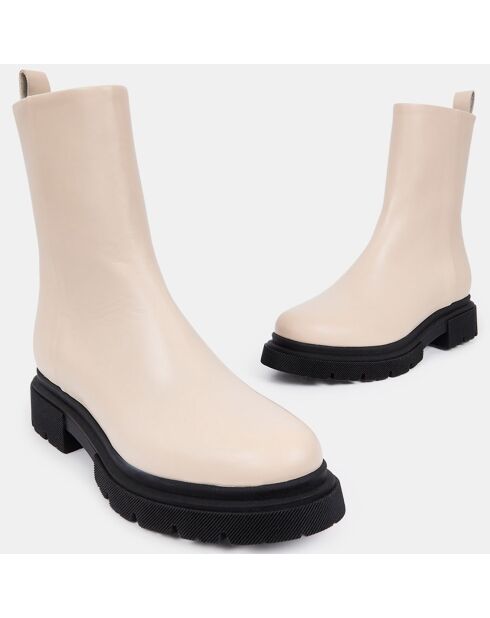 Boots zippé en Cuir lisse beiges - Talon 4 cm