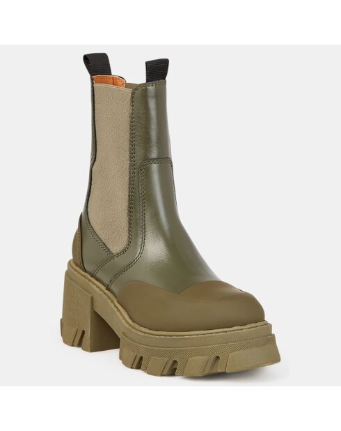 Chelsea boots en Cuir bimatière kaki - Talon 8 cm