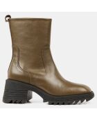 Boots en Cuir semelle crantée vert kaki - Talon 7 cm