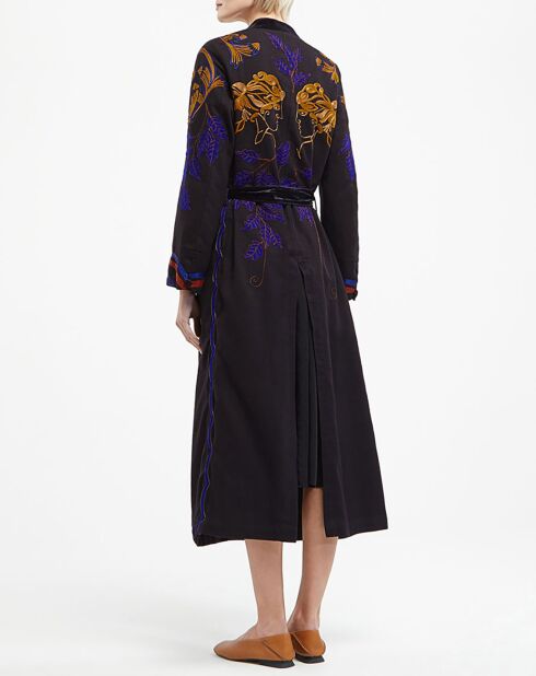 Schwarzer Mantel aus Baumwolle und Wolle mit Stickerei Musa