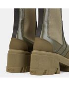 Chelsea boots en Cuir bimatière kaki - Talon 8 cm