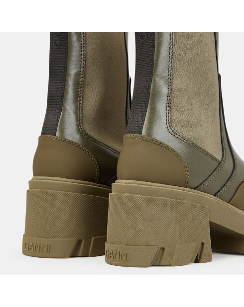 Chelsea boots en Cuir bimatière kaki - Talon 8 cm