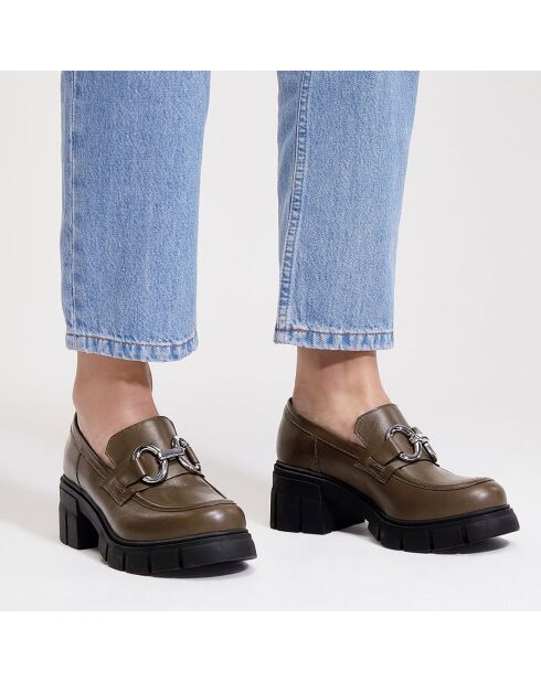 Mocassins en Cuir bijoux vert kaki - Talon 7 cm