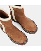 Boots en Velours de Cuir fourrée camel - Talon 5 cm