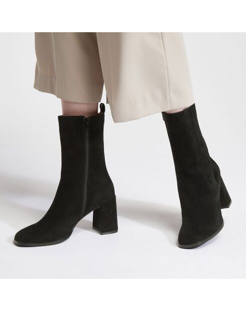 Bottines en Velours de Cuir élastique noires - Talon 8 cm