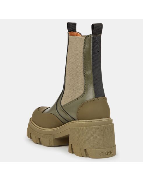 Chelsea boots en Cuir bimatière kaki - Talon 8 cm