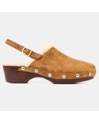 Sabots en Velours de Cuir fourrés camel - Talon 4 cm