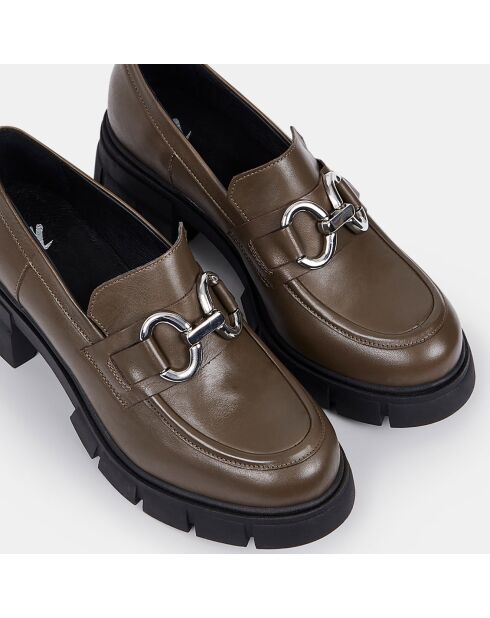Mocassins en Cuir bijoux vert kaki - Talon 7 cm