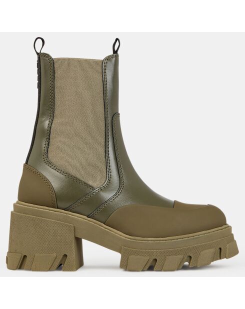 Chelsea boots en Cuir bimatière kaki - Talon 8 cm