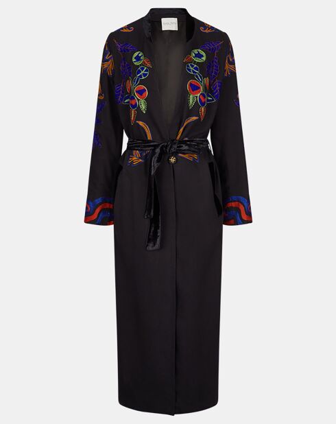 Schwarzer Mantel aus Baumwolle und Wolle mit Stickerei Musa