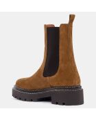 Boots en Velours de Cuir surpiqures camel - Talon 4 cm