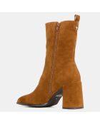 Bottines en Velours de Cuir élastique marron - Talon 8 cm