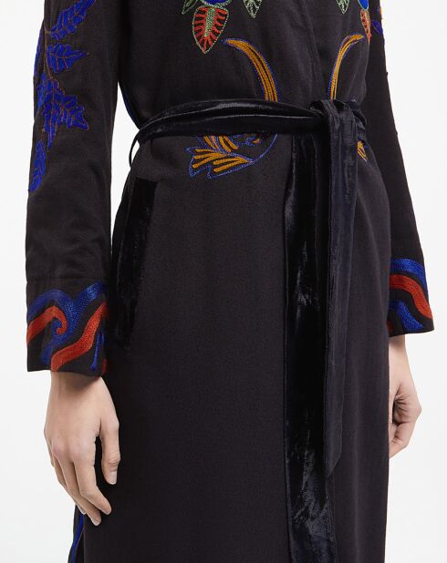 Schwarzer Mantel aus Baumwolle und Wolle mit Stickerei Musa