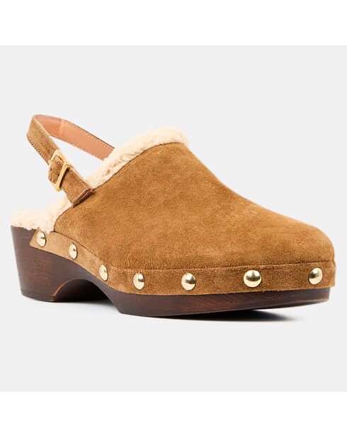 Sabots en Velours de Cuir fourrés camel - Talon 4 cm