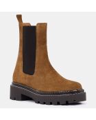 Boots en Velours de Cuir surpiqures camel - Talon 4 cm