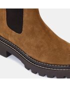 Boots en Velours de Cuir surpiqures camel - Talon 4 cm