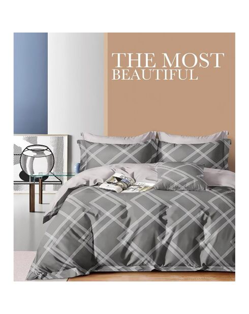 Parure housse de couette imprimée en percale de coton geometric grid