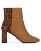 Bottines en Cuir & Velours de Cuir Pheby 80 cognac - Talon 8 cm