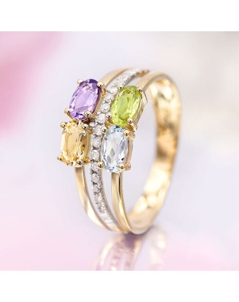 Cayuga Diamantring 0,10 ct, Peridot 0,27 ct, Peridot 0,27 ct, Topas 0,37 ct, Amethyst 0,23 ct und Citrin 0,22 ct Gelbgold