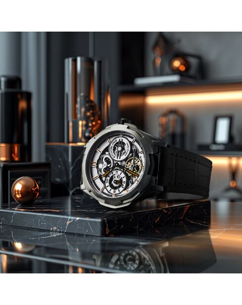 Schwarze Dual Time Navigator Automatik-Lederuhr für Herren