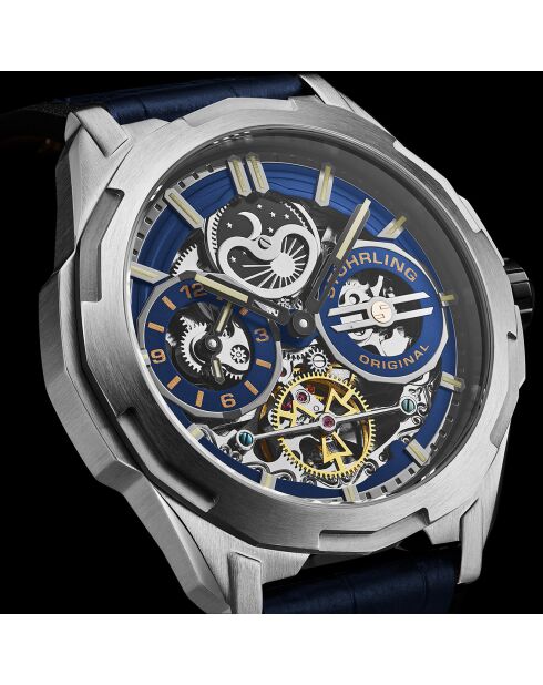 Montre Homme en Cuir Automatique Dual Time Navigator bleu/noir