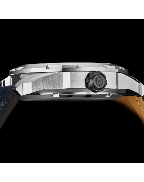 Montre Homme en Cuir Automatique Dual Time Navigator bleu/noir