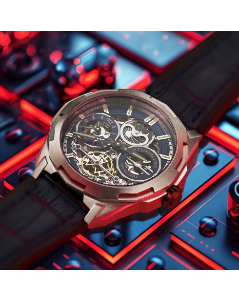 Montre Homme en Cuir Automatique Dual Time Navigator bleu/noir