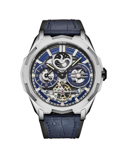 Montre Homme en Cuir Automatique Dual Time Navigator bleu/noir